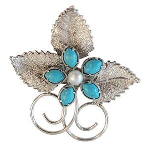 Sterling Silver Turquoise Lucite Cab, Leaf Brooch Pin, M524